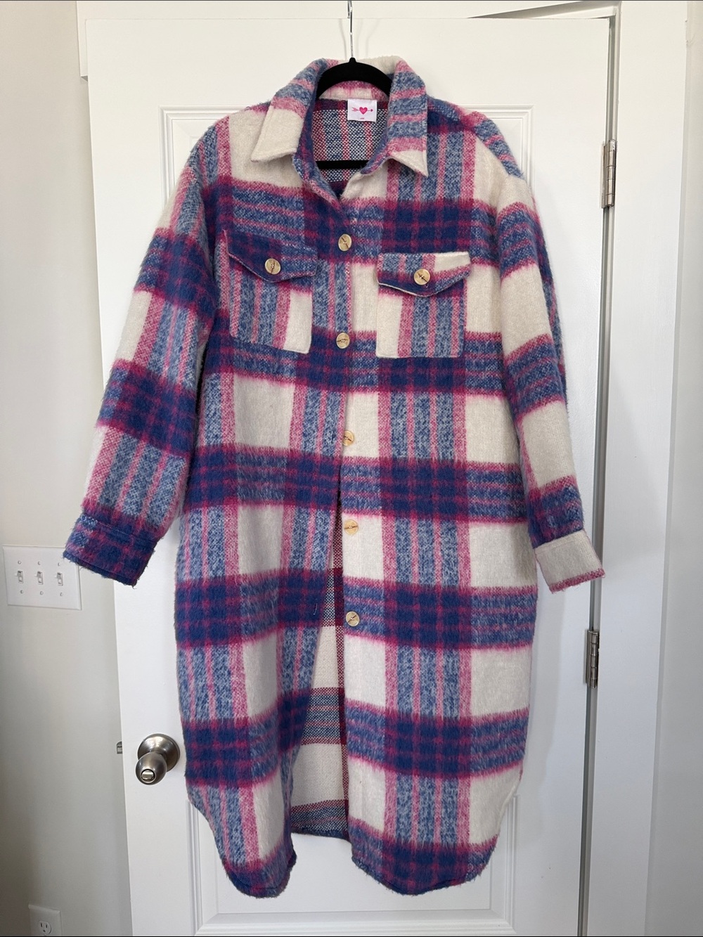 Women's Plaid Long Coat - Pink & Blue